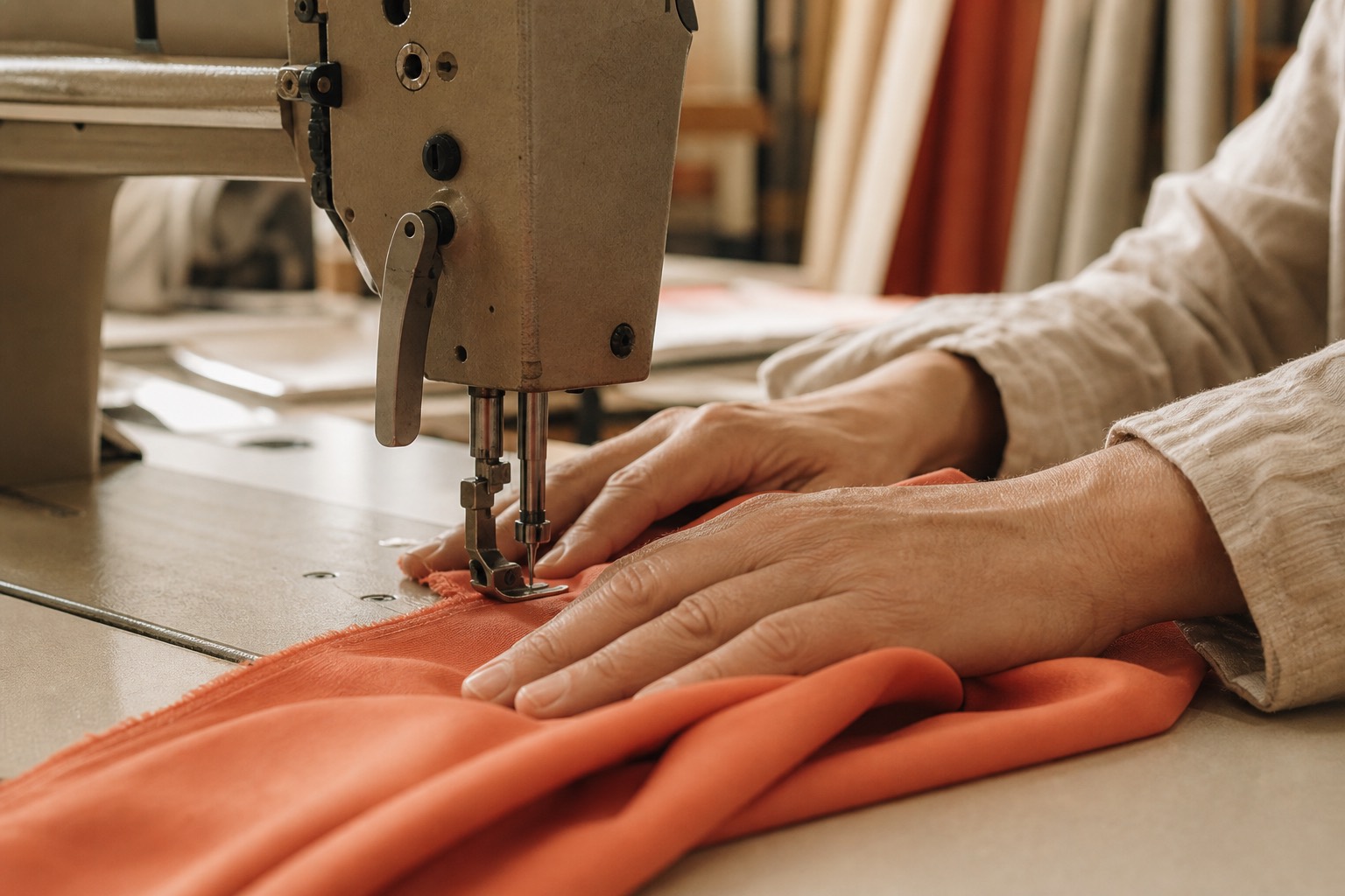 Maatconfectie aan de naaimachine in het atelier